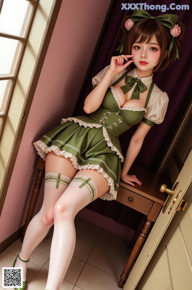 A woman in a green dress sitting on a chair.