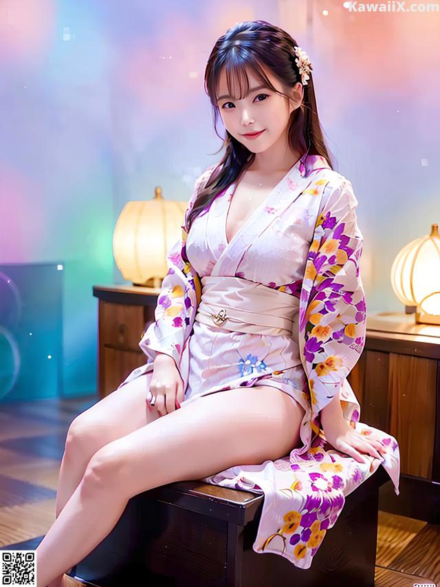 A woman in a kimono sitting on a wooden bench.