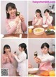 A collage of photos of a woman eating sushi.