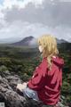 A girl sitting on top of a mountain looking out over a valley.